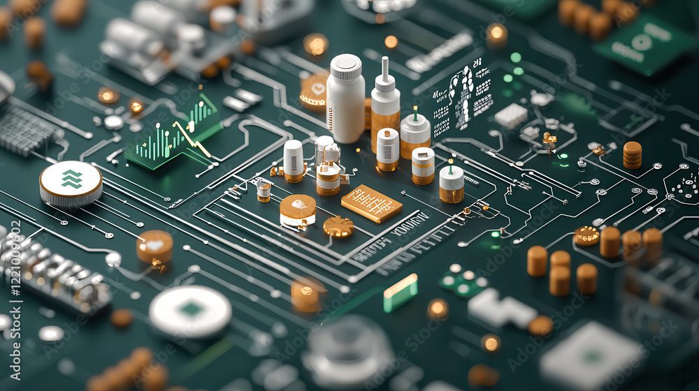 Aufkleber detailed 3D visual representation of circuit board featuring various electronic components, showcasing technology and innovation. design highlights intricate patterns and vibrant colors