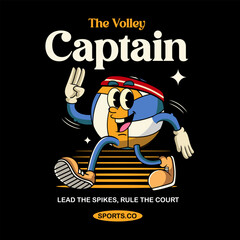 Happy Volleyball Sport mascot and slogans cartoon character in Vintage Style