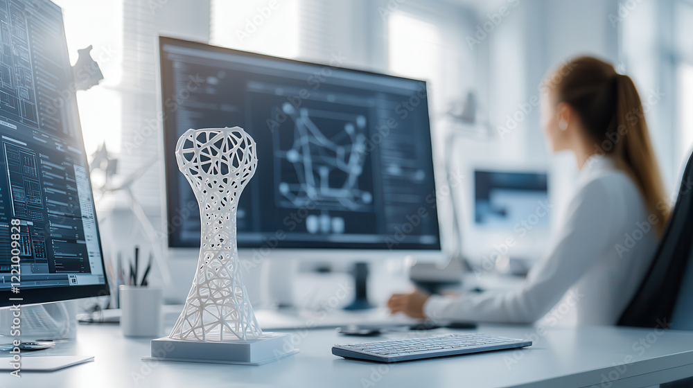 Poster 3d printed prototype of futuristic design displayed in modern office environment, showcasing technol