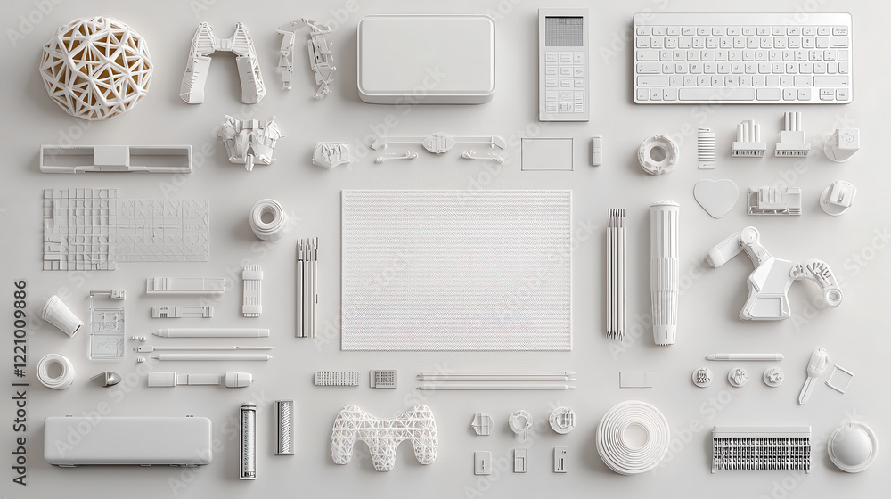 Aufkleber collection of white 3D printed prototypes and components arranged neatly, showcasing innovative design and technology. items include various shapes and sizes, emphasizing creativity and modern