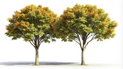 Obraz premium A pair of vibrant deciduous trees, showcasing a blend of summer green and autumnal hues, standing tall against a pristine white background