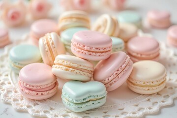 Fototapeta premium Pink macarons displayed on a plate, beautifully arranged in a circle with creamy white filling visible for a delightful treat
