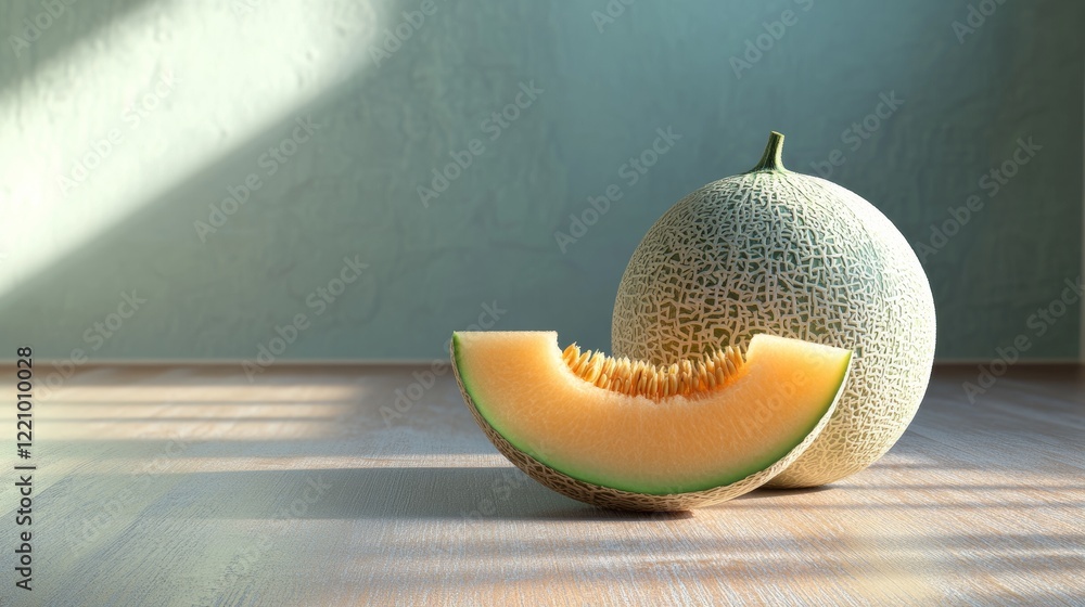 Poster realistic 3d rendering of cantaloupe melon on light background