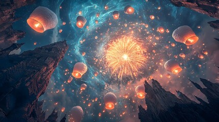 Fototapeta premium Intricate Firework Display Creating Geometric Patterns Against Glowing Lanterns in Vibrant Pink and Blue Tones