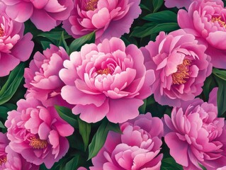 Obraz premium A Seamless Pattern of Pink Peony Flowers with Yellow/Orange Centers and Dark Green Leaves 