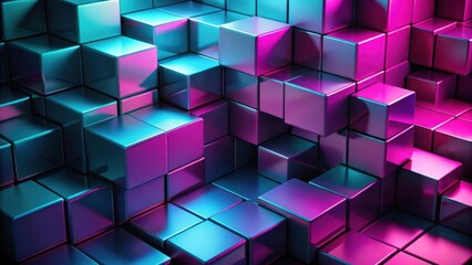 Abstract Chromatic Cube Array A Stunning Visual of Interlocking Metallic Blocks in Vibrant Teal and Fuchsia Hues