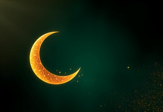 Golden Crescent moon shape isolated on green colour background with Ramadan greeting text, Ramadan Mubarak banner design with copy space