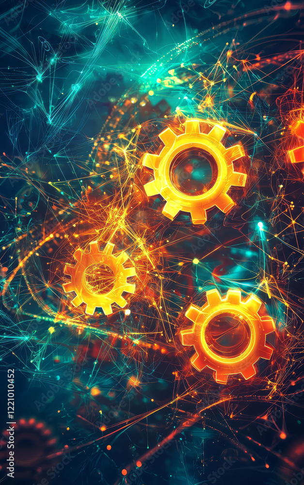 Poster interconnected gears: a dynamic visual symphony of golden gears intertwined with a complex web of lu