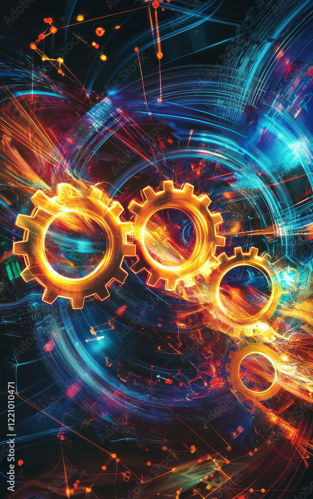 Poster mechanical gears: the image of a seamless digital integration, three connected golden gears in a com
