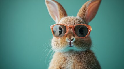 A chic Easter bunny with sunglasses, posing stylishly against a green backdrop for a festive vibe