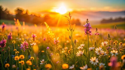 Spring Meadow Sunrise: Bokeh Dreamy Field of Flowers and Soft Light