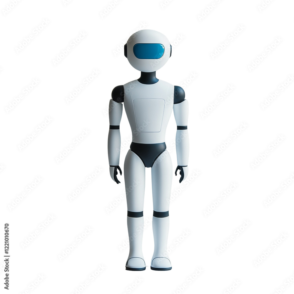 Poster the image shows a full-body view of a simple white humanoid robot standing against a black backgroun