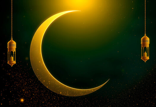Golden Crescent moon shape isolated on green colour background with Ramadan greeting text, Ramadan Mubarak banner design with copy space