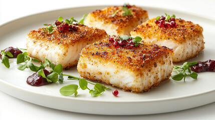 Crispy panko breaded cod fillets garnished with fresh herbs and sauce, beautifully presented on plate. delightful dish perfect for seafood lovers