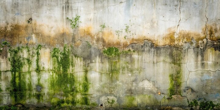 Weathered Wall Texture Aged Concrete Surface with Green Algae Growth and Cracks