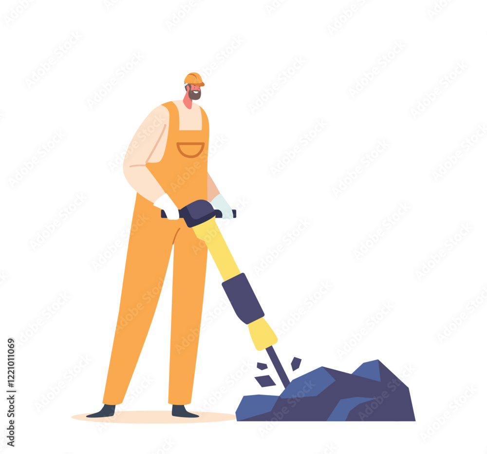 Poster miner character wielding a jackhammer, breaking up rocks in the mine shaft, creating a path for extr