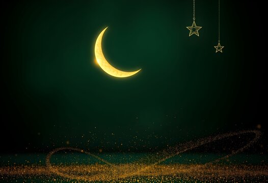 Golden Crescent moon shape isolated on green colour background with Ramadan greeting text, Ramadan Mubarak banner design with copy space