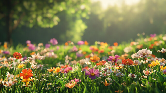 Lively spring meadow showcases vibrant greenery swaying in breeze, colorful flowers blooming in a jubilant display.