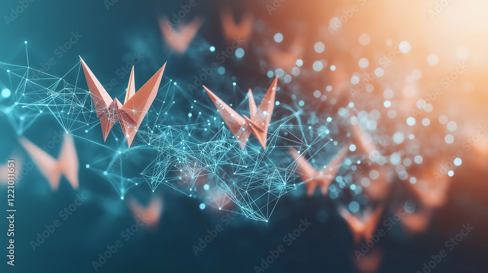 Poster origami butterflies in digital network: a captivating image of several origami butterflies gracefull
