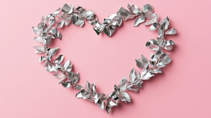 Obraz premium Heart-shaped silver ribbon border on pink background. Greeting card mockup for valentine's day, birthday, or mother's day. Love concept. Flat lay
