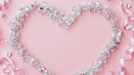 Obraz premium Heart-shaped silver ribbon border on pink background. Greeting card mockup for valentine's day, birthday, or mother's day. Love concept. Flat lay