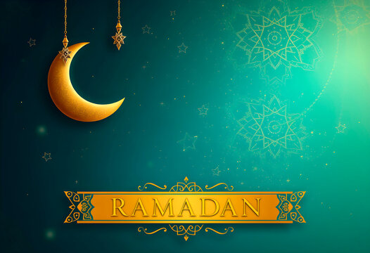 Golden Crescent moon shape isolated on green colour background with Ramadan greeting text, Ramadan Mubarak banner design with copy space