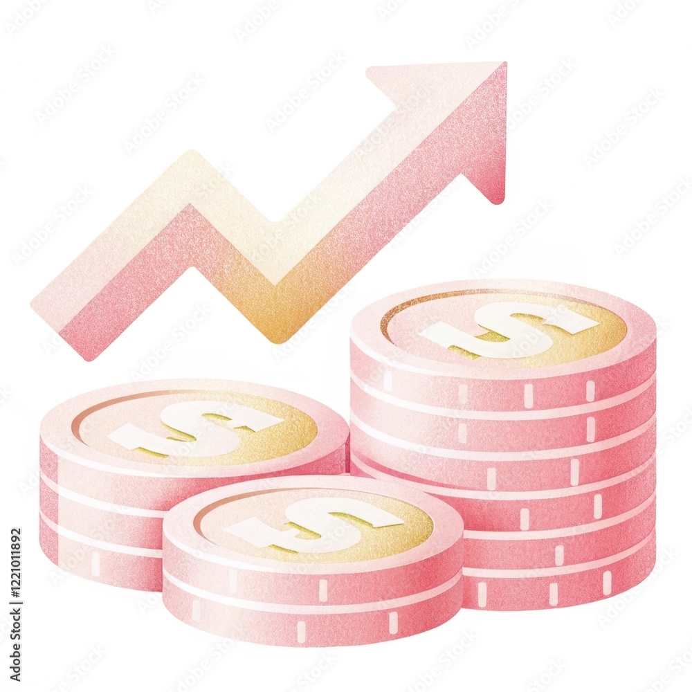 Poster a graphic representation of growth in finance, featuring stacked coins and an upward arrow symbolizi