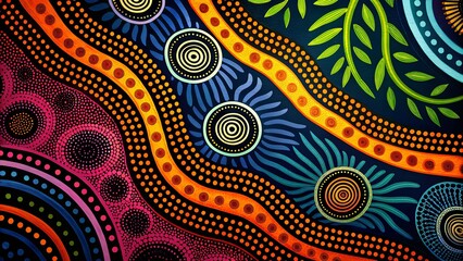 Vibrant Aboriginal-Inspired Abstract Dot Art Background with Colorful Circles and Patterns