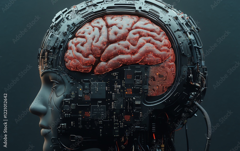 Poster neuralink brain implant concept, 3d chip insertion, machine learning and ai systems, big data proces