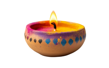 A Vibrantly Colored Clay Diya Lamp for Holi Representing Unity and Happiness isolated on transparent background. Isolated on transparent background.