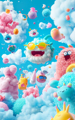 Fun-Filled Fluffy Friends: A whimsical and cheerful digital illustration depicting a vibrant world of fluffy cartoon characters, playful expressions, and an imaginative color palette.