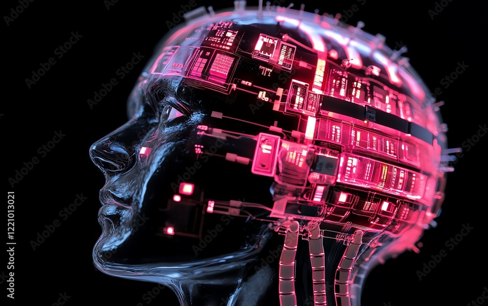 Poster neuralink surgical implant, brain connected to ai systems, big data processing and machine learning,