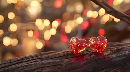 Sparkling Red Hearts on Warm Wooden Bokeh Background