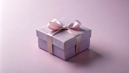 A delicately wrapped lavender gift box with a light pink ribbon bow sits elegantly on a pale purple surface