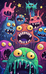 Whimsical Monsters' Galaxy Gathering: A vibrant gathering of playful, cartoonish monsters against a backdrop of stars and swirling colors, celebrating imagination and fantastic realms.