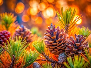 Fototapeta premium Ponderosa Pine Cones and Needles with Bokeh Background - Autumnal Forest Detail