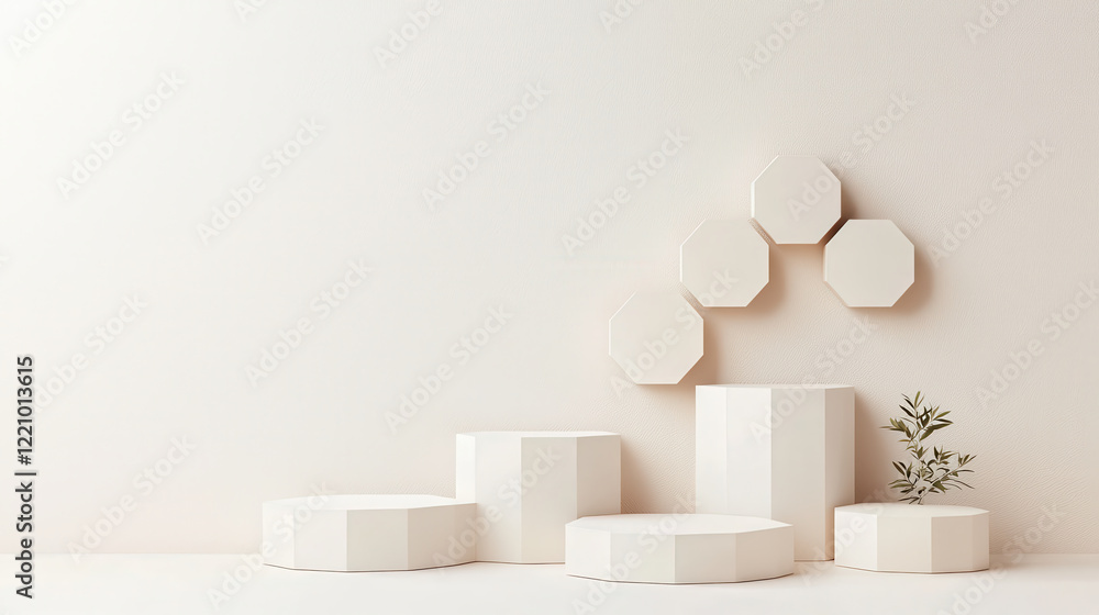 Aufkleber Minimalist display featuring geometric shapes in soft color palette, creating serene atmosphere. arrangement includes octagonal and circular forms, complemented by small plant
