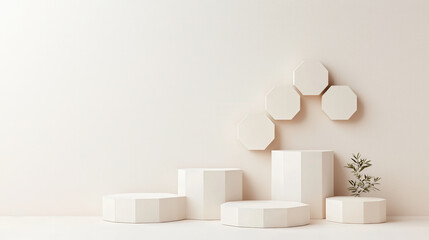 Minimalist display featuring geometric shapes in soft color palette, creating serene atmosphere. arrangement includes octagonal and circular forms, complemented by small plant