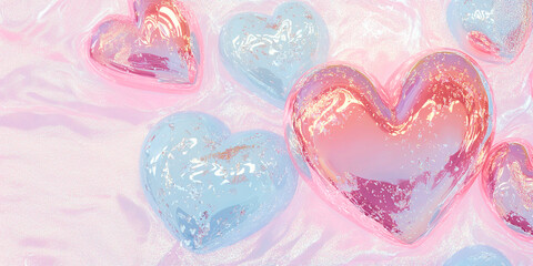 Abstract background with hearts, glossy shiny gradient hearts on pinkish background, Valentine's Day concept