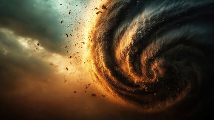 Fototapeta premium cinematic hyperrealistic depiction of massive hurricane swirling with debris and dark clouds, showcasing power of nature and chaos of storm