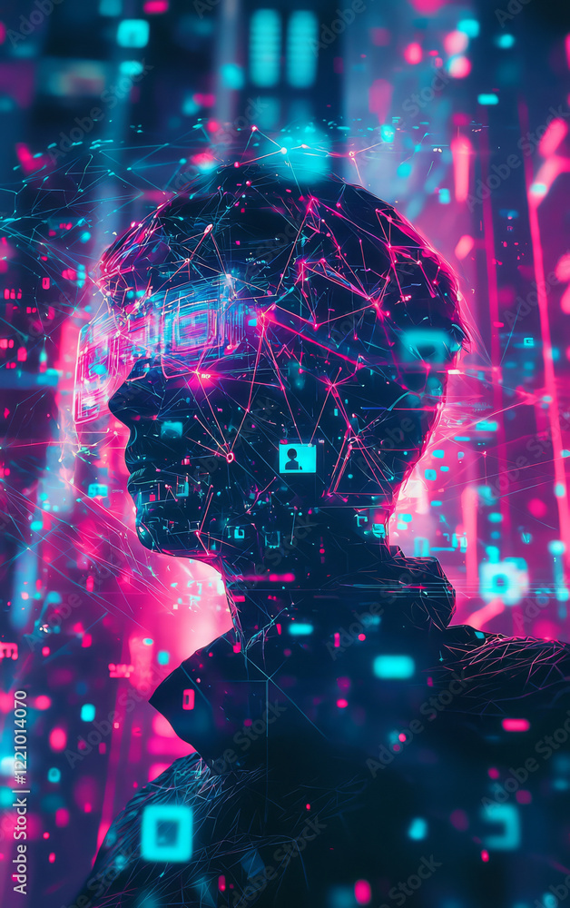 Aufkleber digital mindscape: a silhouette of a person is enveloped in a vibrant network of digital connections