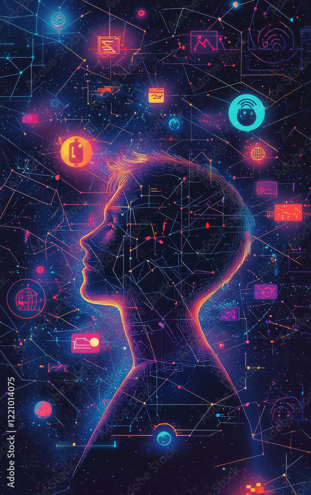 Poster digital mindscape: silhouette of a person's profile emerges against a vibrant backdrop of interconne