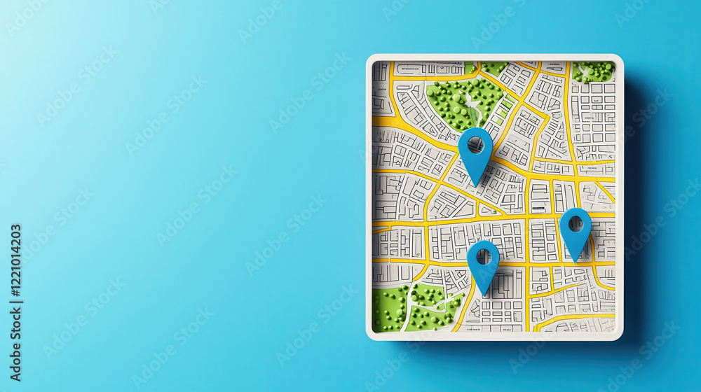 Fototapete clean and modern 3D map design featuring vibrant blue background, showcasing detailed streets and location markers. Ideal for navigation and location based services