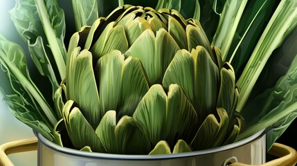 Obraz premium beautiful illustration of an artichoke steaming in a pot, releasing its rich green aroma, showing the benefits of steaming for preserving nutrients. Artichoke Superfood 