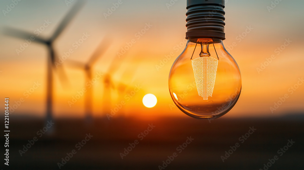 Poster light bulb hangs in foreground, illuminated against stunning sunset backdrop with wind turbines in d