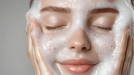 Soothing Facial Cleansing Routine with Soft Lathering Foam for Smooth and Healthy Skin  Close up of a woman s face during a relaxing skincare routine focusing on deep cleaning and for a radiant