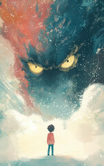 Fototapeta premium A Gaze of Confrontation: A small figure stands at the foot of an ominous, giant monster with piercing eyes, setting a tone of surreal and powerful artistic narrative