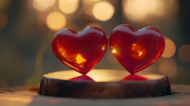 Sparkling Red Hearts Resting on Wooden Base with Warm Bokeh Effect