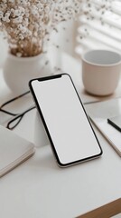 Mockup of customizable phone display in a cozy workspace with plants and minimalistic decor