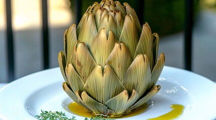 Obraz premium beautifully plated artichoke dish with a drizzle of olive oil and herbs, highlighting its status as a low-calorie, high-fiber superfood for healthy eating. Artichoke Superfood 